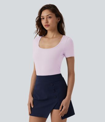 U Neck Short Sleeve Snap Skinny Work Bodysuit