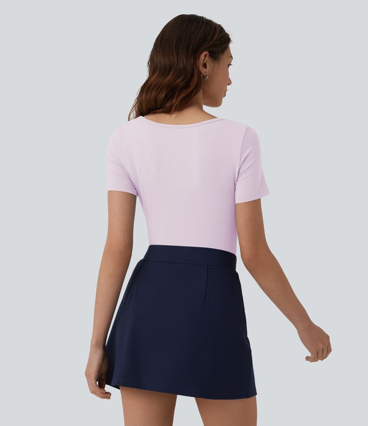 U Neck Short Sleeve Snap Skinny Work Bodysuit
