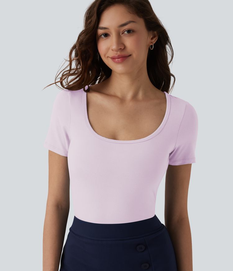U Neck Short Sleeve Snap Skinny Work Bodysuit