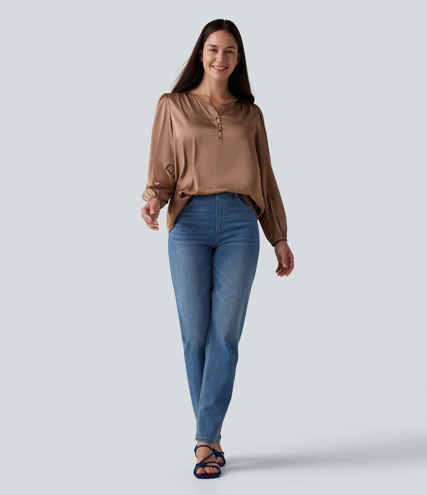 Notched Long Sleeve Work Satin Blouse