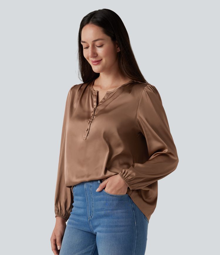 Notched Long Sleeve Work Satin Blouse