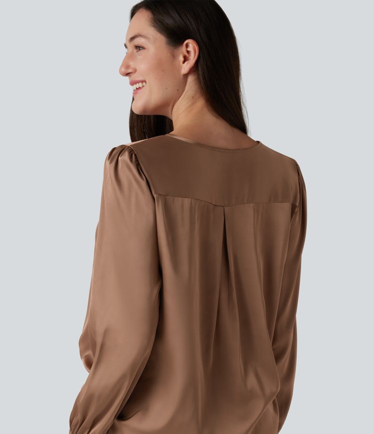 Notched Long Sleeve Work Satin Blouse