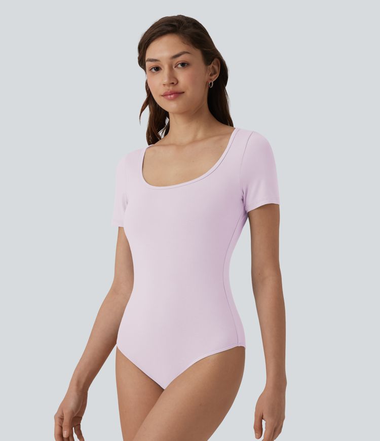 U Neck Short Sleeve Snap Skinny Work Bodysuit