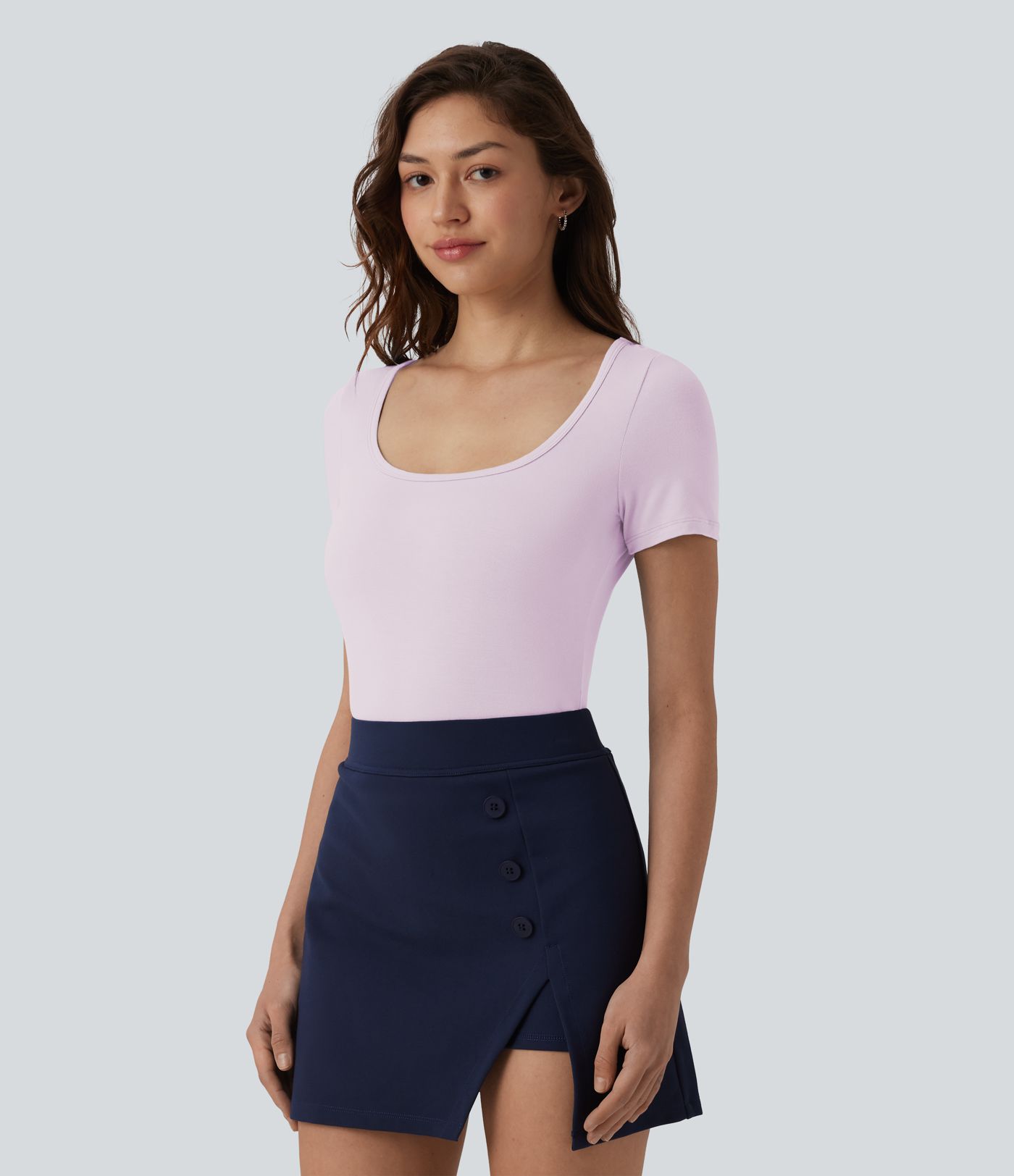 U Neck Short Sleeve Snap Skinny Work Bodysuit
