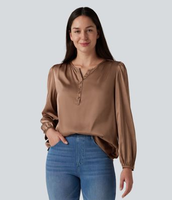 Notched Long Sleeve Work Satin Blouse