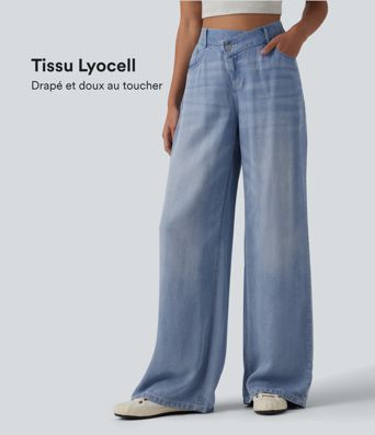 Jean large décontracté asymétrique en lyocell taille mi-haute drapé avec poches Jean large décontracté asymétrique en lyocell taille mi-haute drapé avec poches