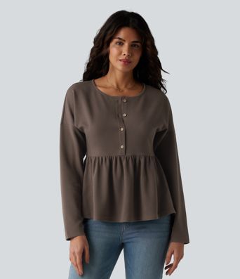 Henley Long Sleeve Waffle Casual Babydoll Top