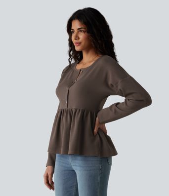 Henley Long Sleeve Waffle Casual Babydoll Top