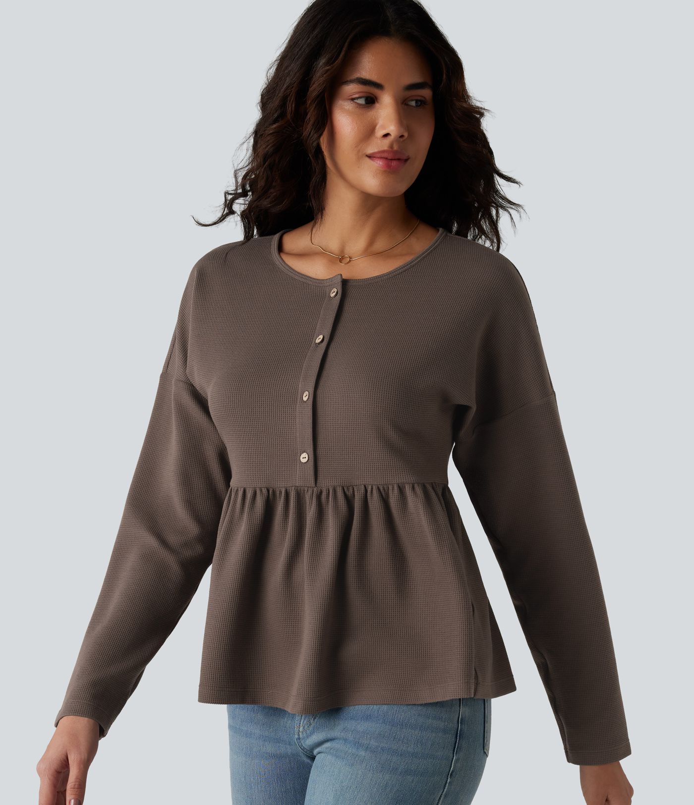 Henley Long Sleeve Waffle Casual Babydoll Top