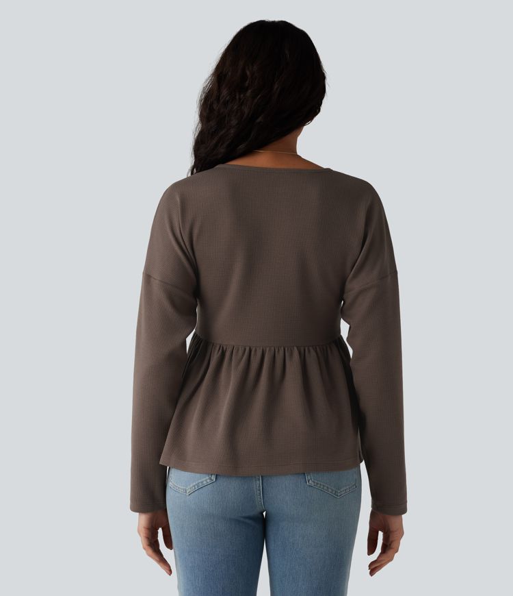 Henley Long Sleeve Waffle Casual Babydoll Top