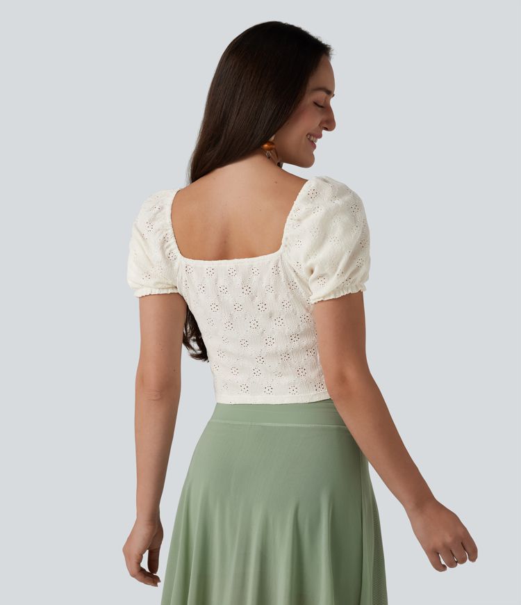 Square Neck Puff Short Sleeve Cropped Top