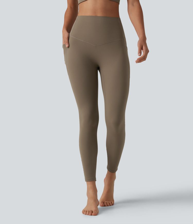 Halara UltraSculpt™ - Gerippte Yoga-Leggings mit hohem Bund, Seitentaschen und Bauchkontrolle