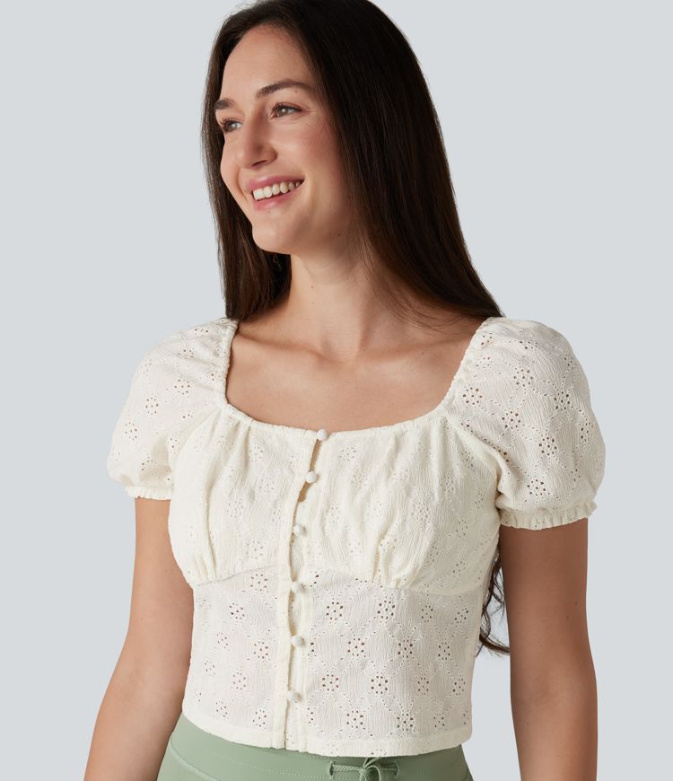 Square Neck Puff Short Sleeve Cropped Top