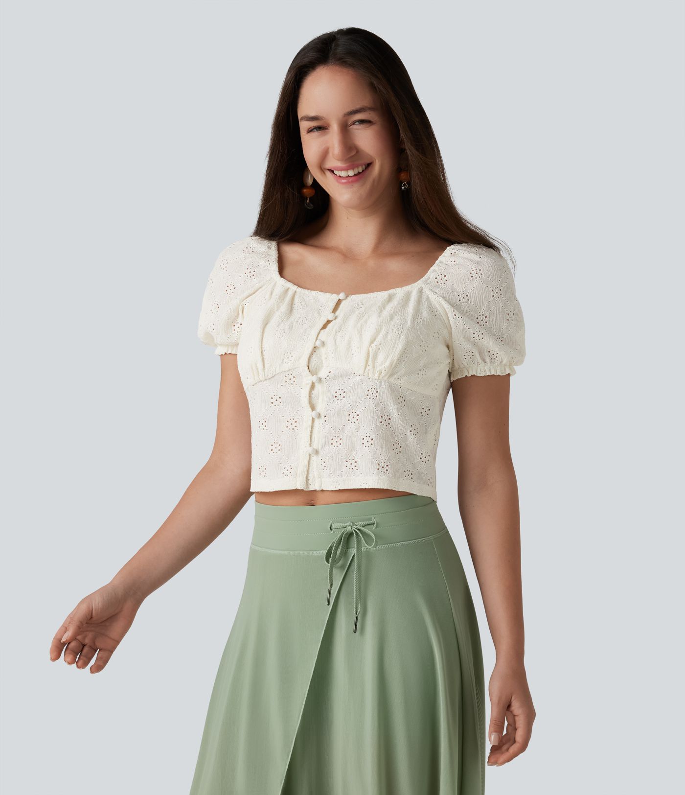 Square Neck Puff Short Sleeve Cropped Top