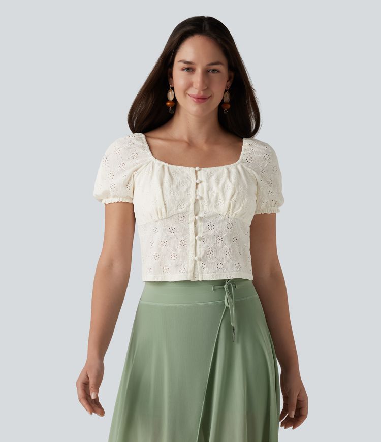 Square Neck Puff Short Sleeve Cropped Top