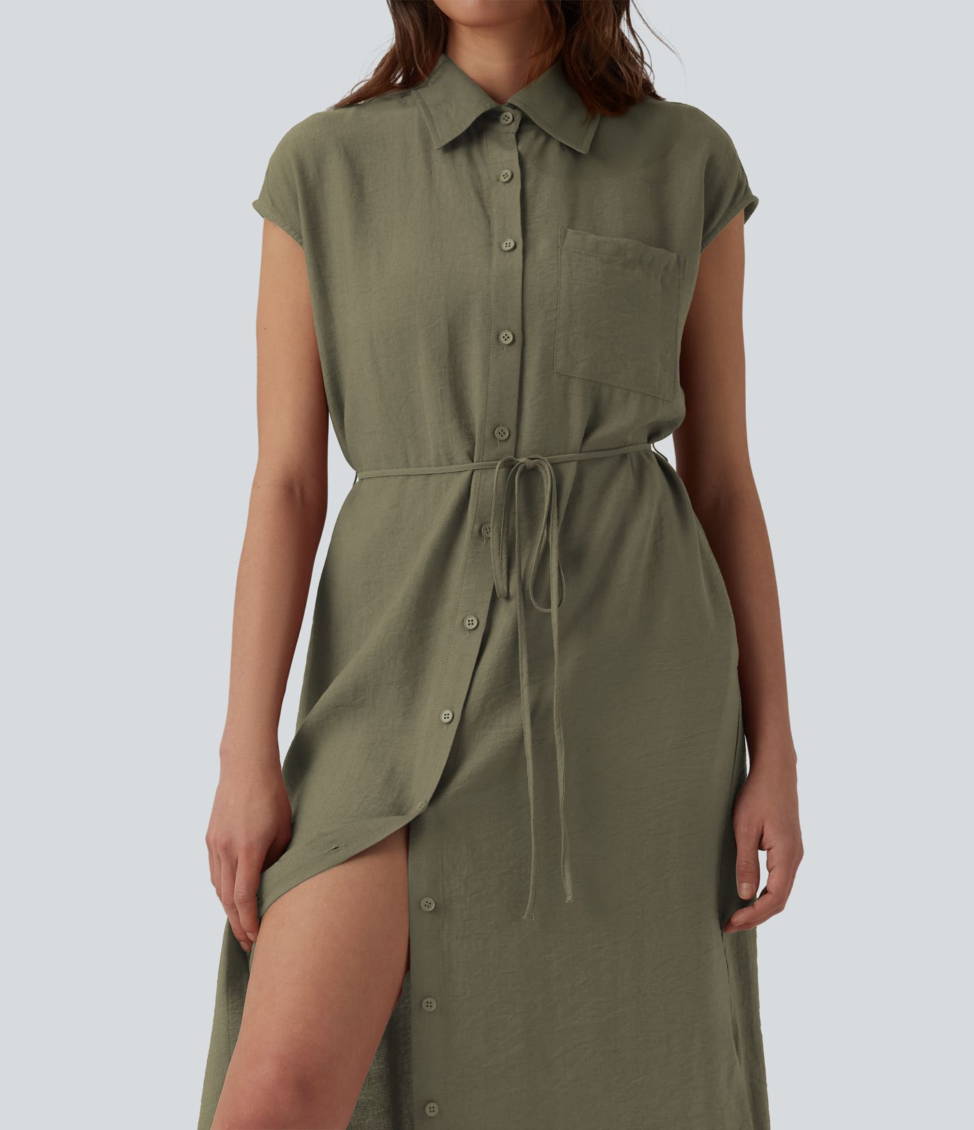 Robe chemise casual mi-longue col manches courtes ceinturée ourlet arrondi avec fente et poches