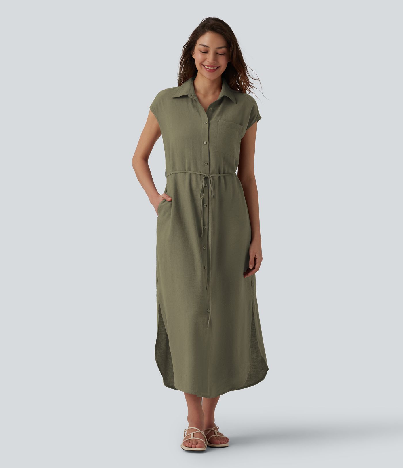 Robe chemise casual mi-longue col manches courtes ceinturée ourlet arrondi avec fente et poches