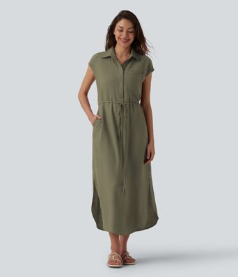 Robe chemise casual mi-longue col manches courtes ceinturée ourlet arrondi avec fente et poches