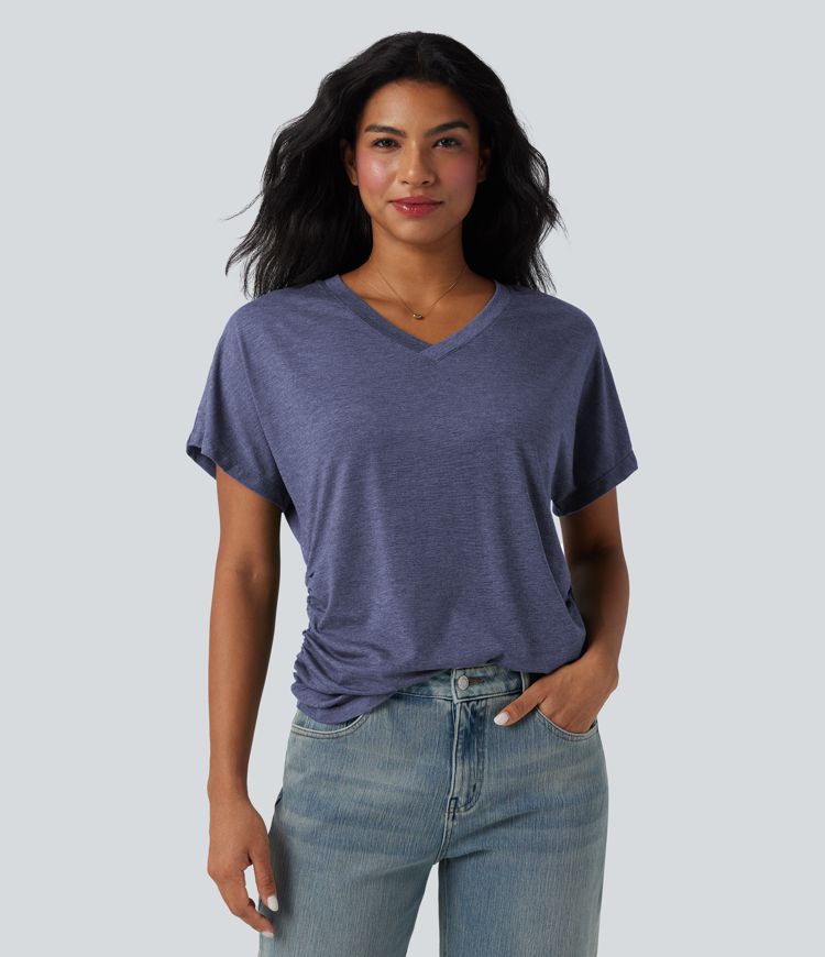 V-neck Short Sleeve Ruched Relaxed Casual Top V-neck Short Sleeve Ruched Relaxed Casual Top
