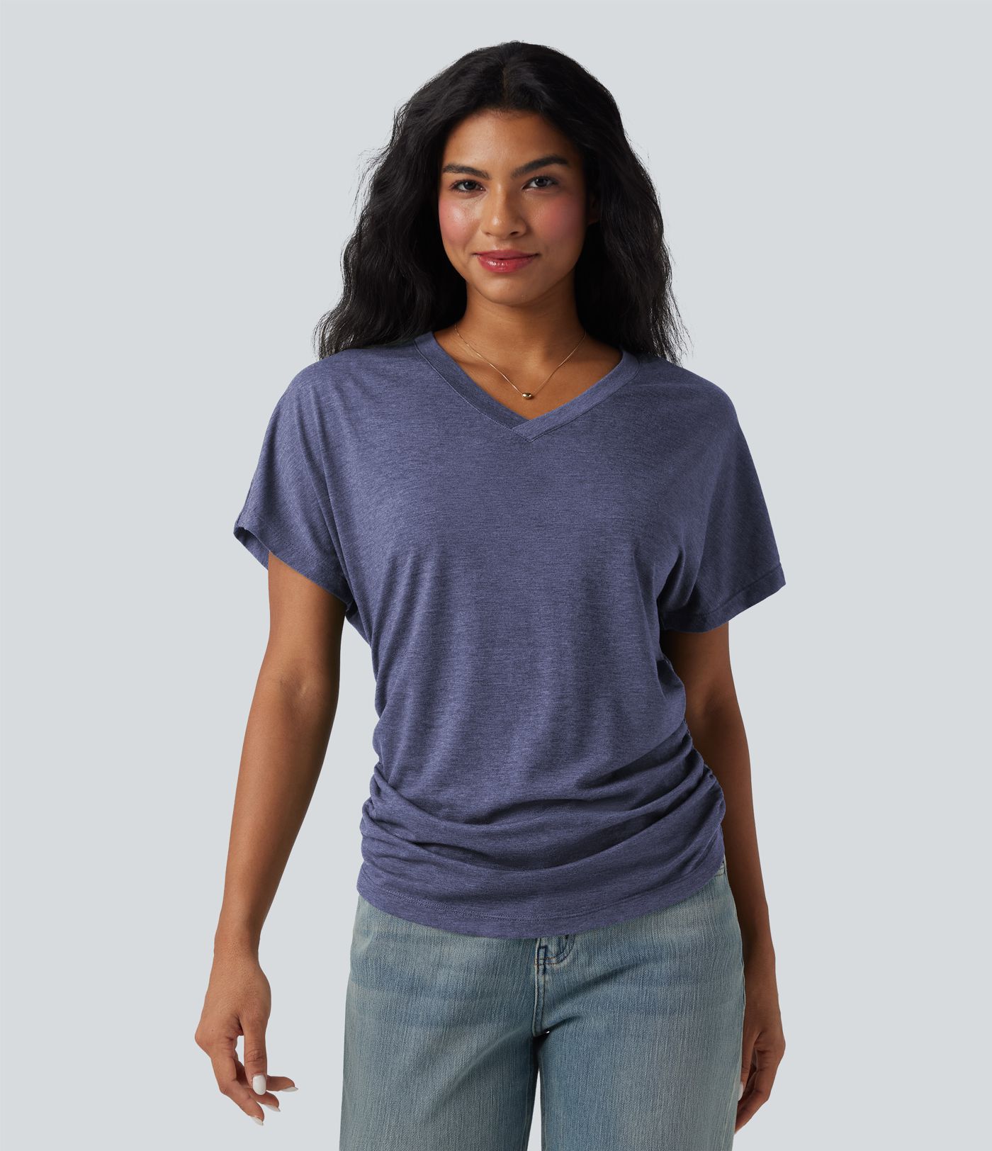 V-neck Short Sleeve Ruched Relaxed Casual Top V-neck Short Sleeve Ruched Relaxed Casual Top