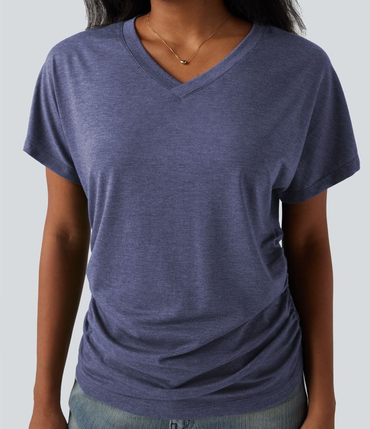 V-neck Short Sleeve Ruched Relaxed Casual Top V-neck Short Sleeve Ruched Relaxed Casual Top