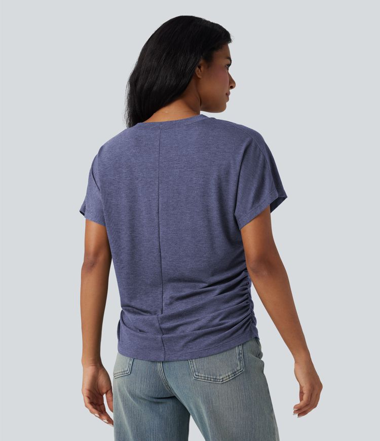 V-neck Short Sleeve Ruched Relaxed Casual Top V-neck Short Sleeve Ruched Relaxed Casual Top