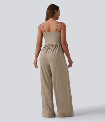 Adjustable Straps Ruched Wide Leg Heathered Casual Jumpsuit with Pockets-Easy Peezy