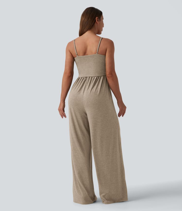Adjustable Straps Ruched Wide Leg Heathered Casual Jumpsuit with Pockets-Easy Peezy