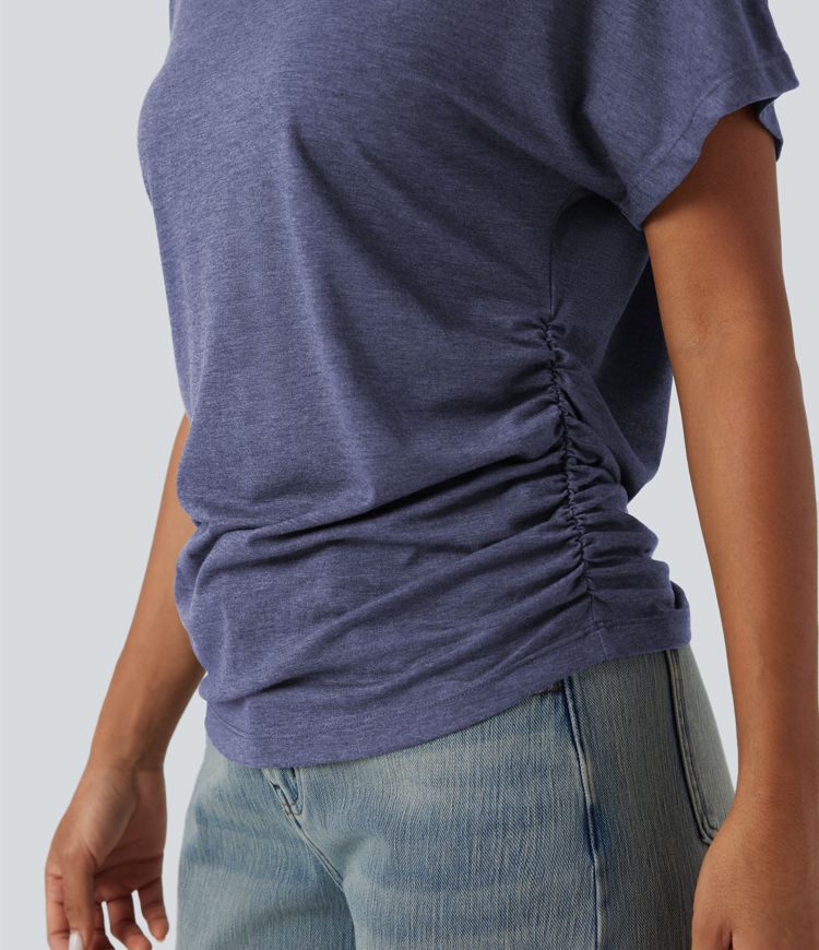 V-neck Short Sleeve Ruched Relaxed Casual Top V-neck Short Sleeve Ruched Relaxed Casual Top