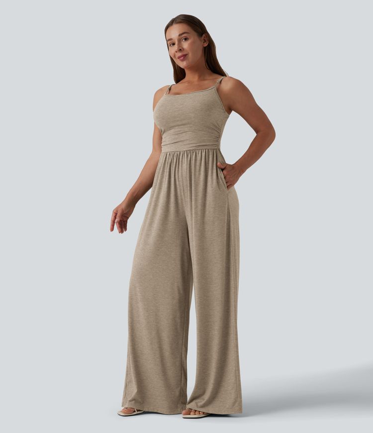 Adjustable Straps Ruched Wide Leg Heathered Casual Jumpsuit with Pockets-Easy Peezy