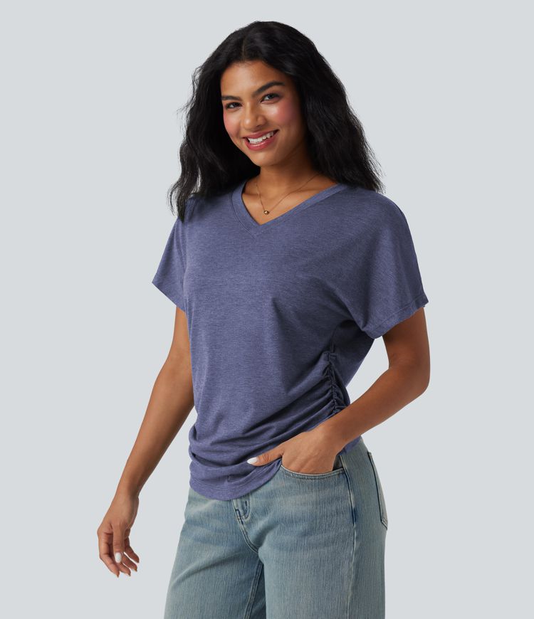 V-neck Short Sleeve Ruched Relaxed Casual Top V-neck Short Sleeve Ruched Relaxed Casual Top