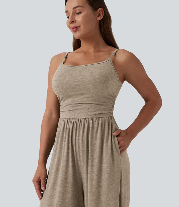 Adjustable Straps Ruched Wide Leg Heathered Casual Jumpsuit with Pockets-Easy Peezy