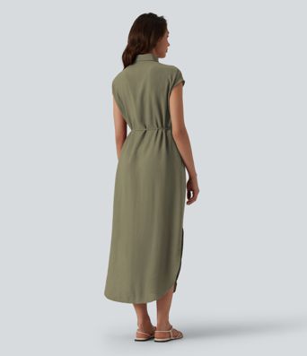 Robe chemise casual mi-longue col manches courtes ceinturée ourlet arrondi avec fente et poches