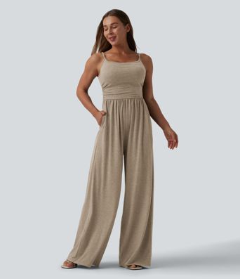 Adjustable Straps Ruched Wide Leg Heathered Casual Jumpsuit with Pockets-Easy Peezy