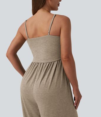 Adjustable Straps Ruched Wide Leg Heathered Casual Jumpsuit with Pockets-Easy Peezy