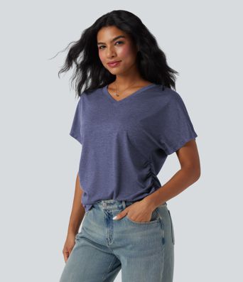 V-neck Short Sleeve Ruched Relaxed Casual Top V-neck Short Sleeve Ruched Relaxed Casual Top