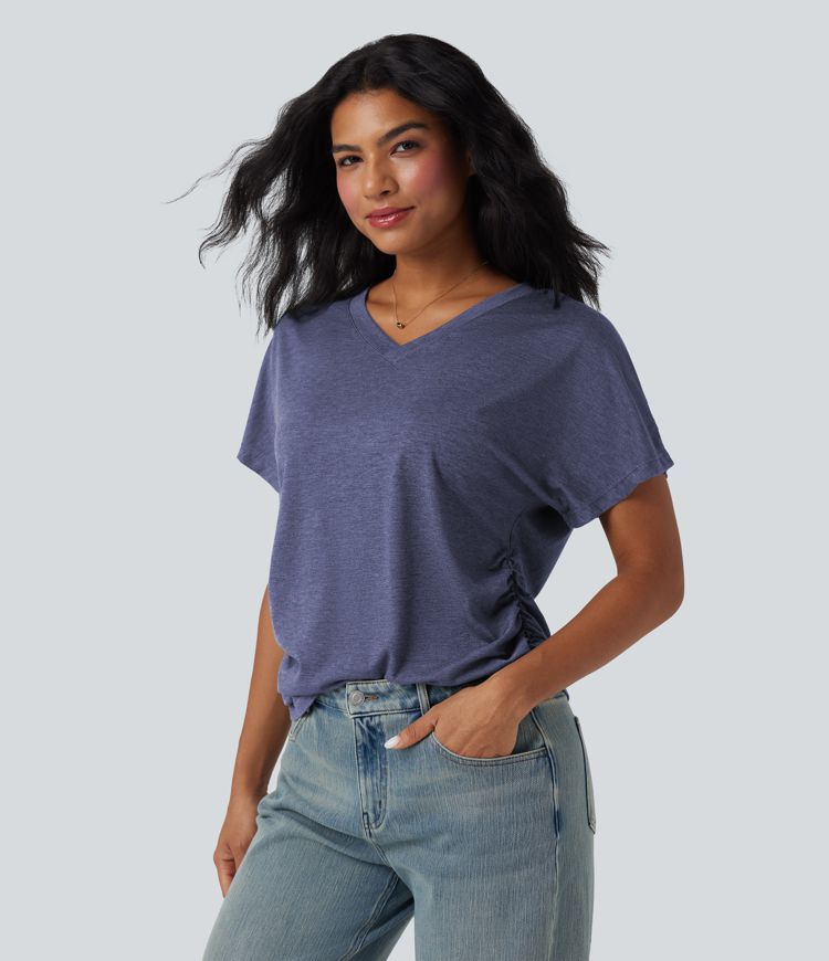 V-neck Short Sleeve Ruched Relaxed Casual Top V-neck Short Sleeve Ruched Relaxed Casual Top