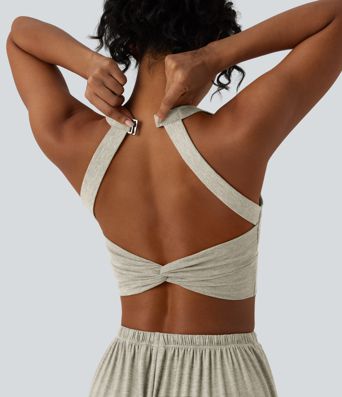Lässiges, rückenfreies Tanktop mit verstellbaren Trägern, gedrehtem Rückendesign und Schnalle Lässiges, rückenfreies Tanktop mit verstellbaren Trägern, gedrehtem Rückendesign und Schnalle