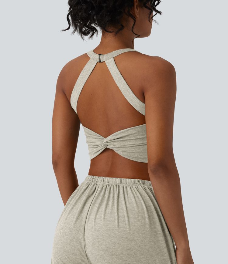 Lässiges, rückenfreies Tanktop mit verstellbaren Trägern, gedrehtem Rückendesign und Schnalle Lässiges, rückenfreies Tanktop mit verstellbaren Trägern, gedrehtem Rückendesign und Schnalle