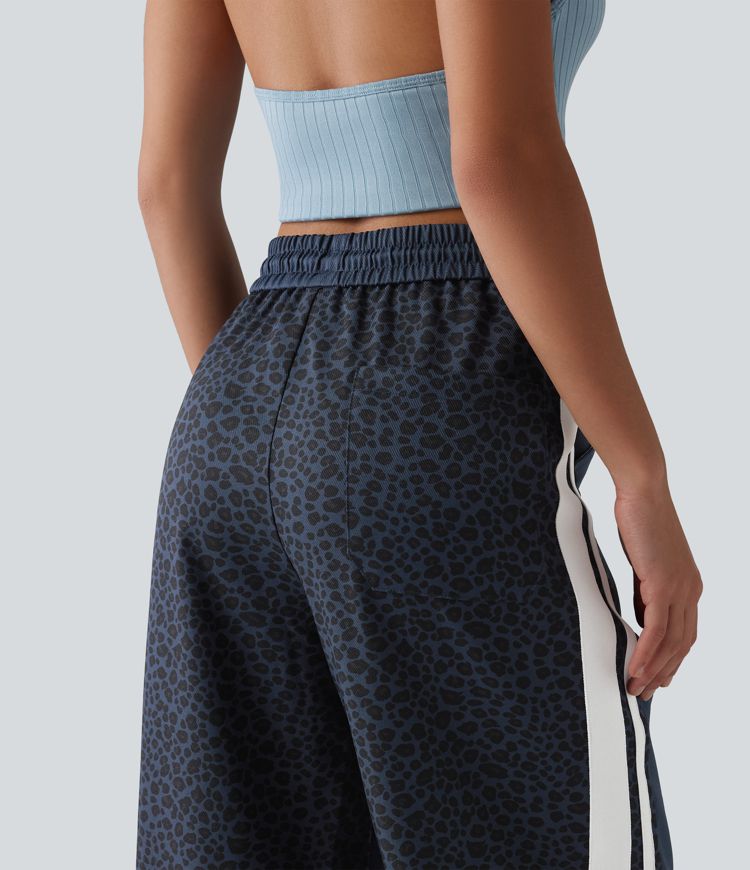 Pantalon ample décontracté taille mi-haute avec cordon de serrage color block rayures léopard contrastant avec poches