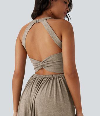 Robe longue fluide fendue avec poches latérales, dos nu et effet torsadé