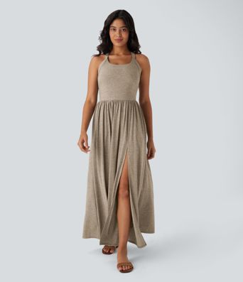 Robe longue fluide fendue avec poches latérales, dos nu et effet torsadé