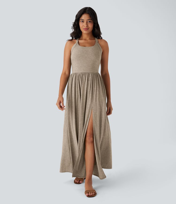 Robe longue fluide fendue avec poches latérales, dos nu et effet torsadé