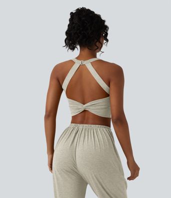 Lässiges, rückenfreies Tanktop mit verstellbaren Trägern, gedrehtem Rückendesign und Schnalle Lässiges, rückenfreies Tanktop mit verstellbaren Trägern, gedrehtem Rückendesign und Schnalle