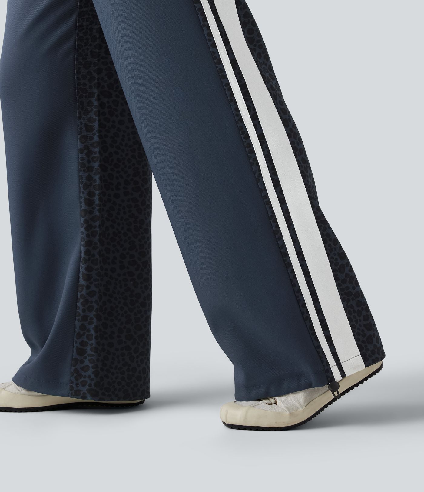 Pantalon ample décontracté taille mi-haute avec cordon de serrage color block rayures léopard contrastant avec poches