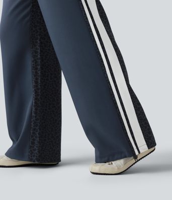 Pantalon ample décontracté taille mi-haute avec cordon de serrage color block rayures léopard contrastant avec poches