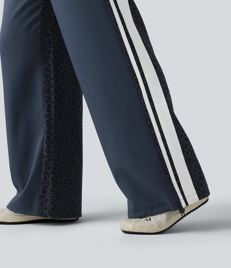 Pantalon ample décontracté taille mi-haute avec cordon de serrage color block rayures léopard contrastant avec poches