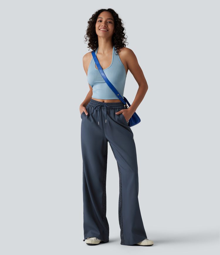 Pantalon ample décontracté taille mi-haute avec cordon de serrage color block rayures léopard contrastant avec poches