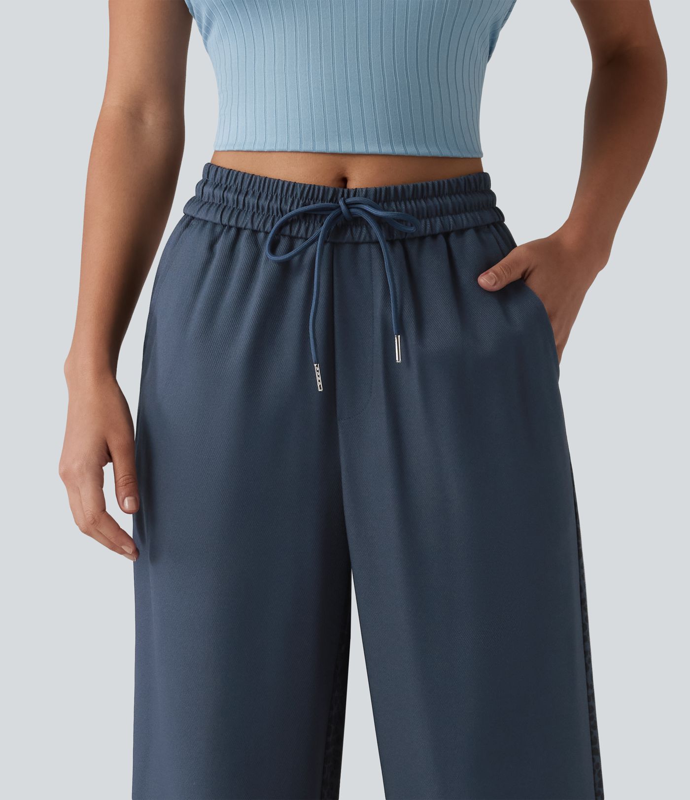 Pantalon ample décontracté taille mi-haute avec cordon de serrage color block rayures léopard contrastant avec poches