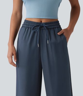 Pantalon ample décontracté taille mi-haute avec cordon de serrage color block rayures léopard contrastant avec poches